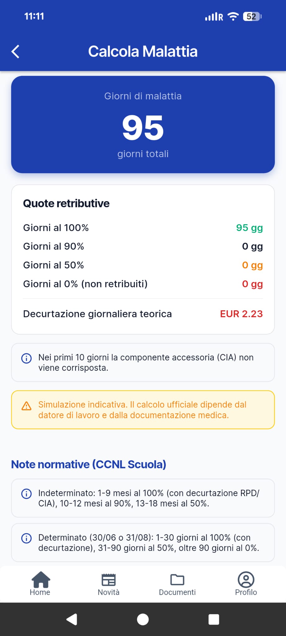 Calcolo malattia risultato